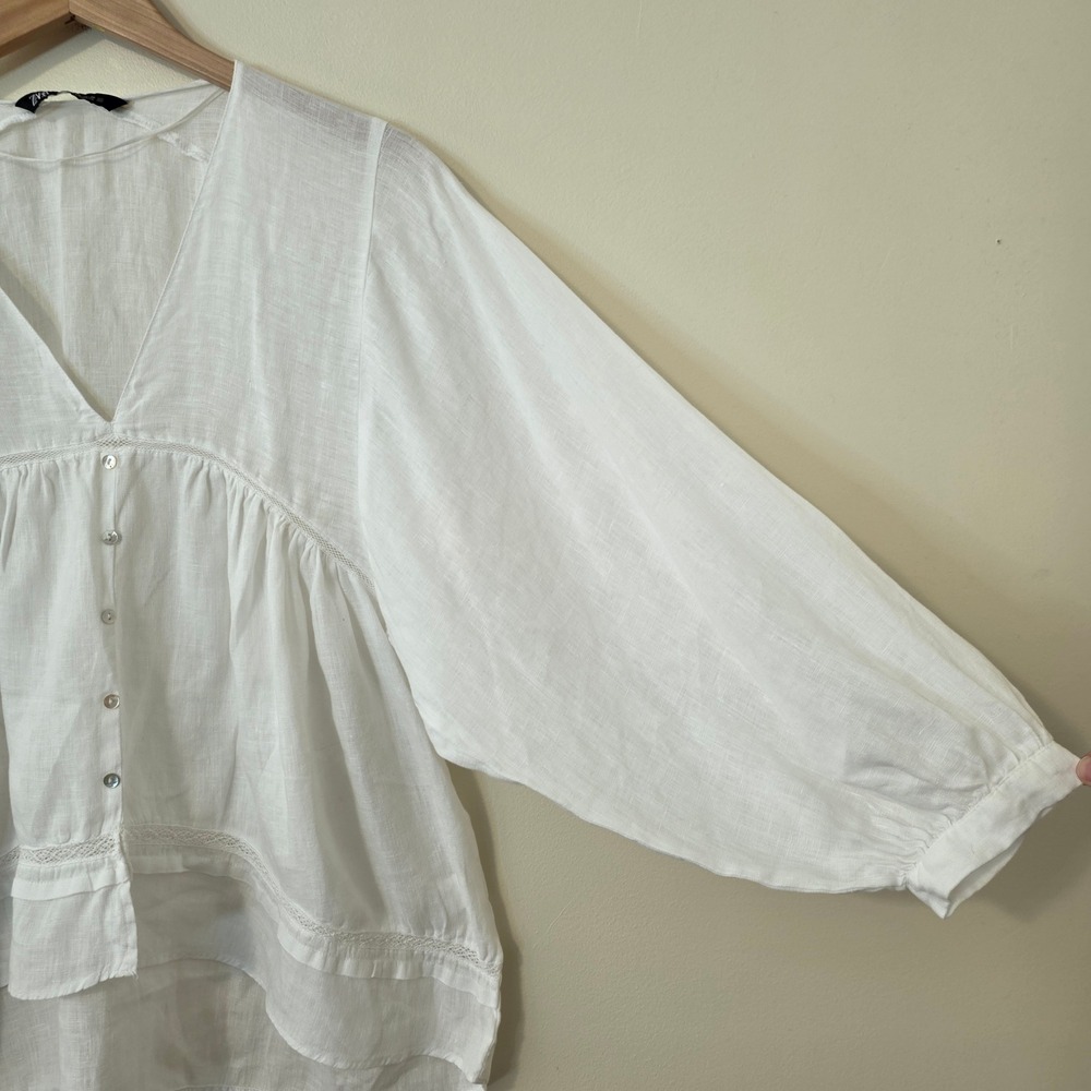 Zara Linen Balloon Sleeve Babydoll Top Sz M Romantic White Flowy Boho Peasant - Picture 4 of 10